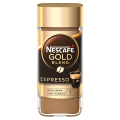 Nescafe Instant Espresso jar shows compact 3.5 oz packaging for quick mornings.