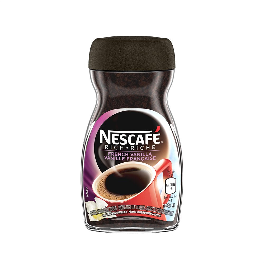 NESCAFÉ Rich instant coffee French Vanilla jar highlights rich flavor for daily enjoyment.