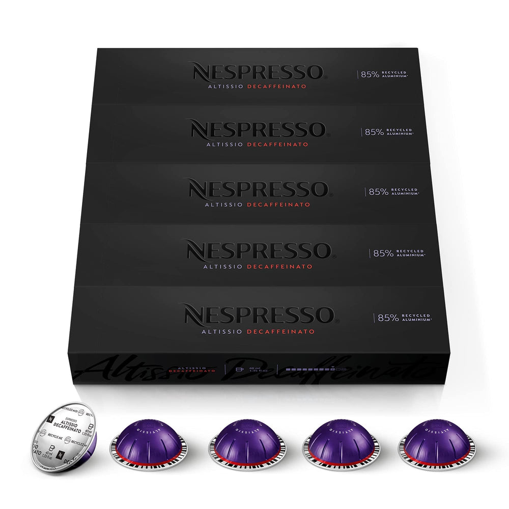 Nespresso Altissio Decaffeinato Vertuo pack showcases bold crema and decaf convenience.