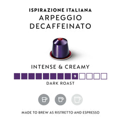 Close-up of Nespresso Arpeggio Decaffeinato capsules showing premium aluminum pods.