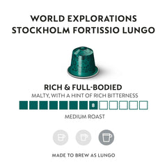 Nespresso Fortissio Lungo dark roast capsules highlighting bold, malty notes.