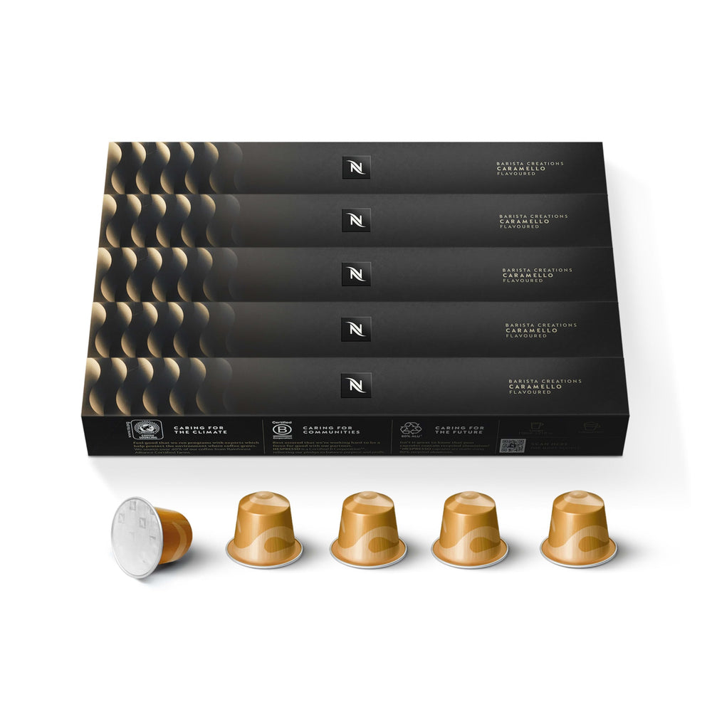Nespresso Original Caramello packaging shows premium capsules for Espresso moments.