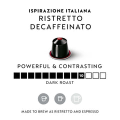 Nespresso Ristretto Decaffeinato capsules closeup highlighting bold roast aroma