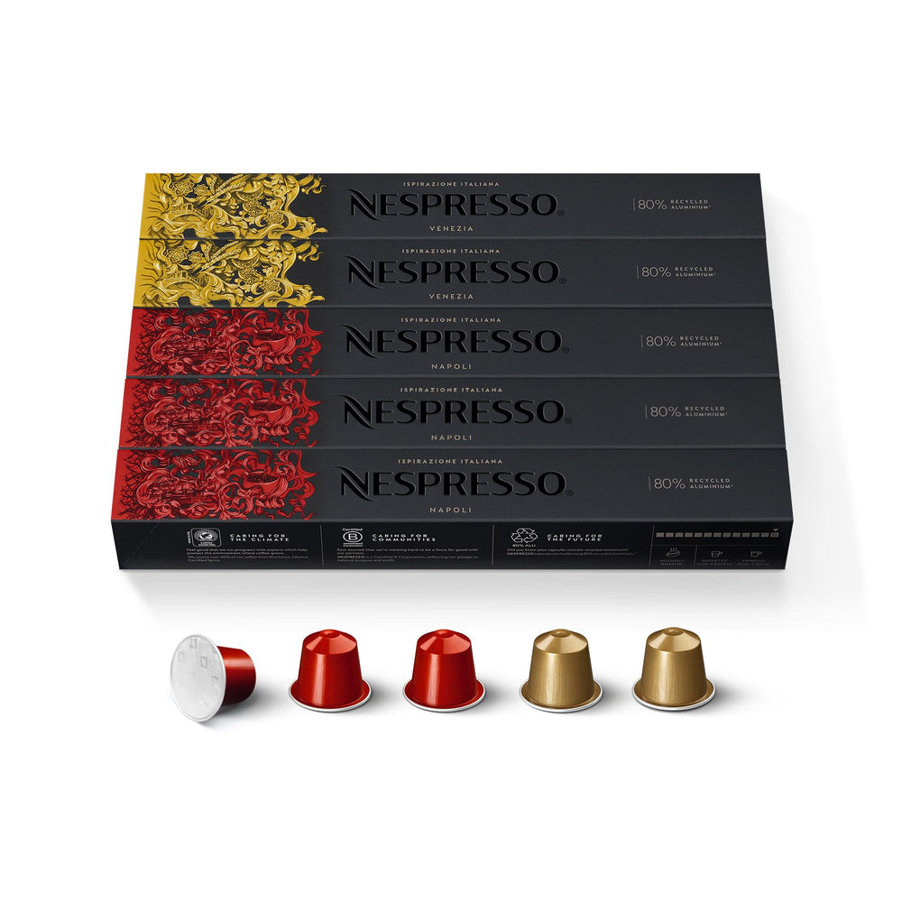 Nespresso Napoli capsules close-up with bold crema for rich espresso