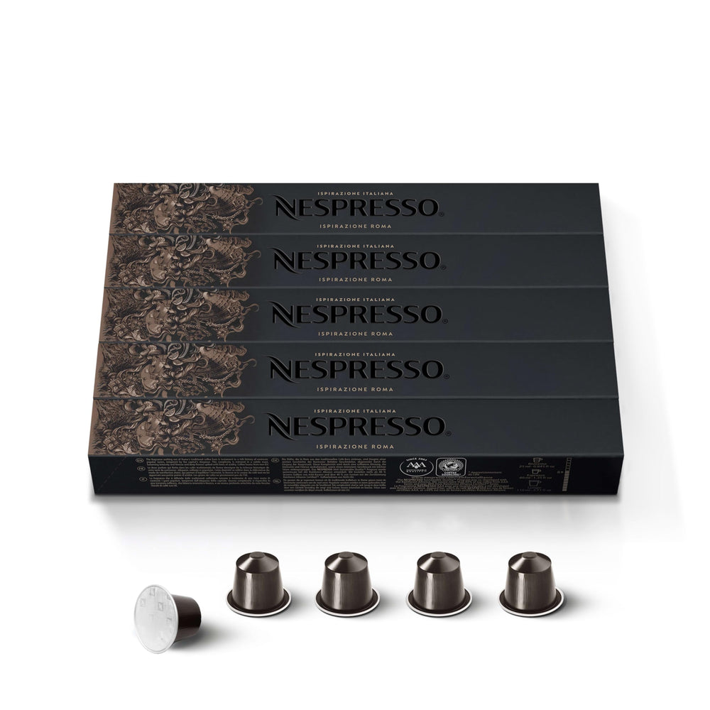Nespresso Roma Intenso capsules pack viewed for convenient daily espresso.