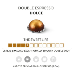 Nespresso Vertuo Dolce pack-shot showing 30-count capsules for home barista convenience