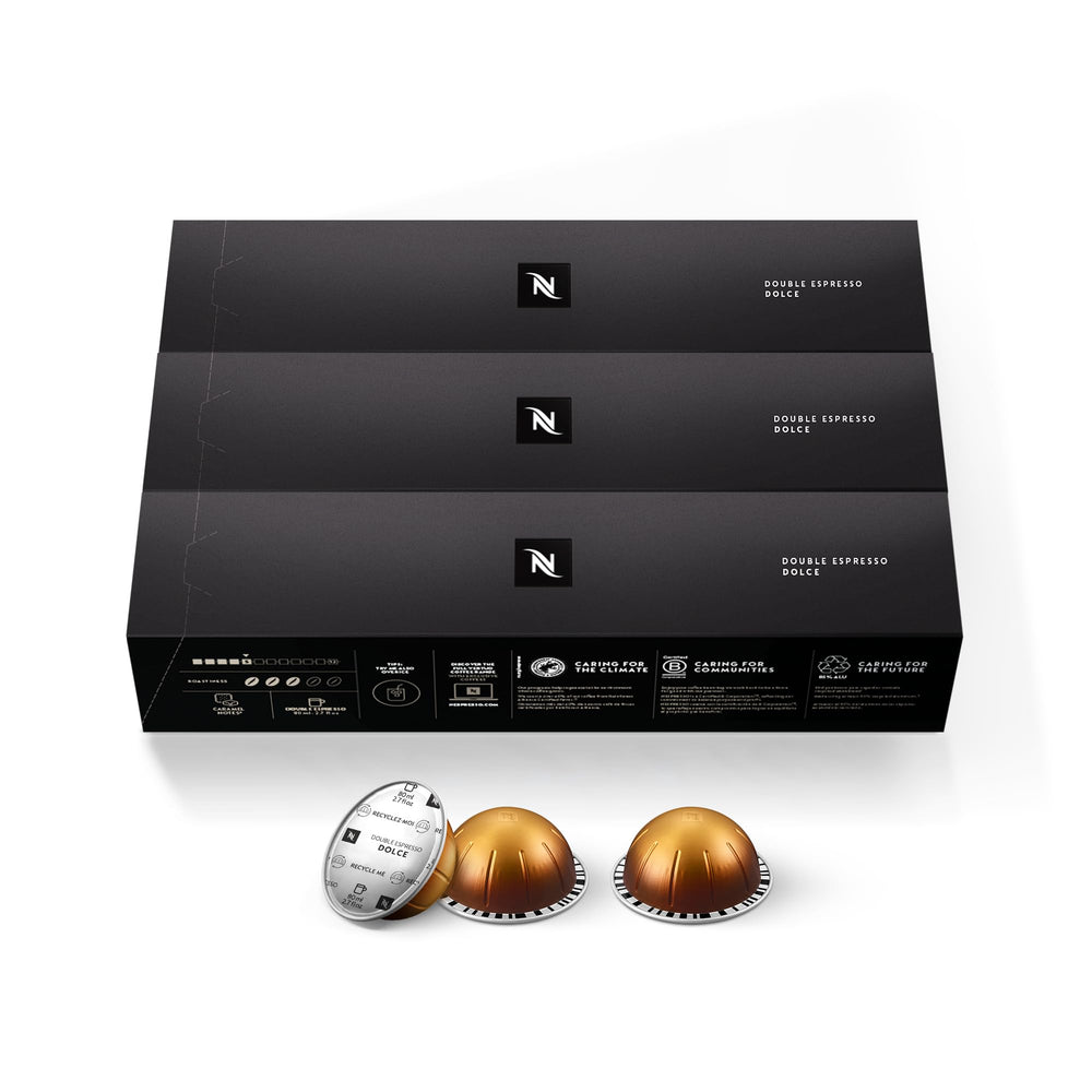 Nespresso Vertuo Double Espresso Dolce pod on kitchen counter for a quick morning shot