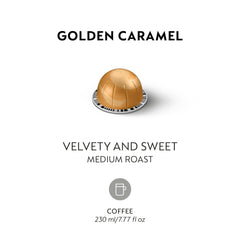 Cup of Nespresso Vertuo Golden Caramel brewed at 7.8 oz, ready to sip.
