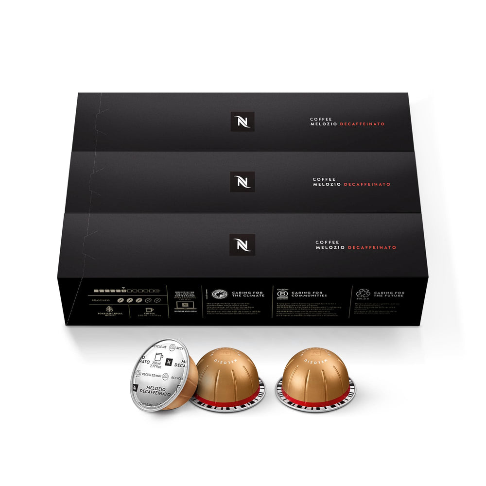 Melozio Decaffeinato capsules in box for quick decaf Vertuo brewing.