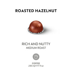 Nespresso Vertuo hazelnut capsule with pour reveals creamy crema and biscuit tones.