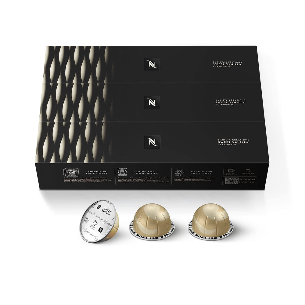 Nespresso Vertuo Sweet Vanilla capsules in a pack ready for vanilla-infused mornings