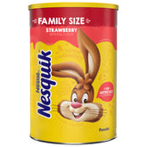 Nesquik Strawberry powder container on kitchen counter for quick breakfast