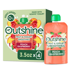 Nestlé Outshine peach raspberry smoothie pouch front view for on-the-go snacking.