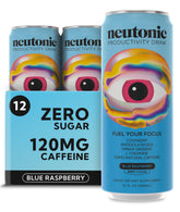 Neutonic blue raspberry can closeup highlighting a refreshing, sugar-free energy boost for focus.
