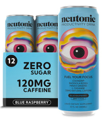 Neutonic blue raspberry can closeup highlighting a refreshing, sugar-free energy boost for focus.