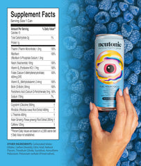 Neutonic blue raspberry multipack shot emphasizes convenient 12-can format for daily productivity.