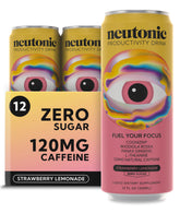Neutonic strawberry lemonade can label shows zero sugar and natural caffeine for clean energy.