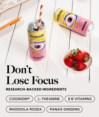 Multipack display of Neutonic strawberry lemonade cans highlights convenient daily cognitive support.