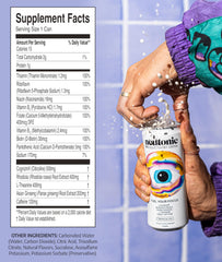 Neutonic Tropical Ice can side view highlighting zero sugar and alertness.