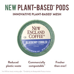New England Coffee Blueberry Cobbler pods on shelf suggest compact, eco-friendly packaging.