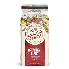 New England Coffee Breakfast Blend bag delivers rich aroma for morning routines.
