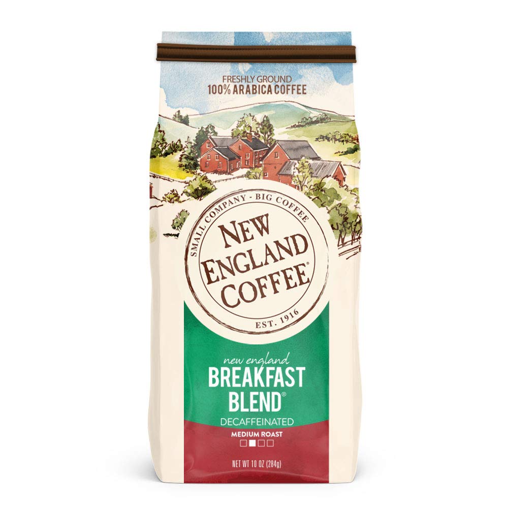 New England Coffee decaf-breakfast-blend-ground-bag ready for a smooth, caffeine-free morning ritual.