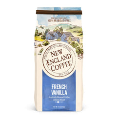 New England Coffee French Vanilla Medium Roast ground coffee bag delivers a smooth morning aroma.
