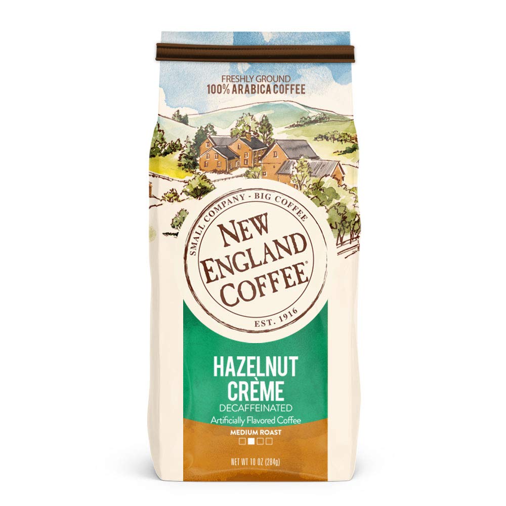 New England Coffee Hazelnut Creme Decaf bag with rich aroma for a mellow cup.