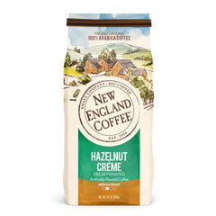 New England Coffee Hazelnut Creme Decaf bag with rich aroma for a mellow cup.