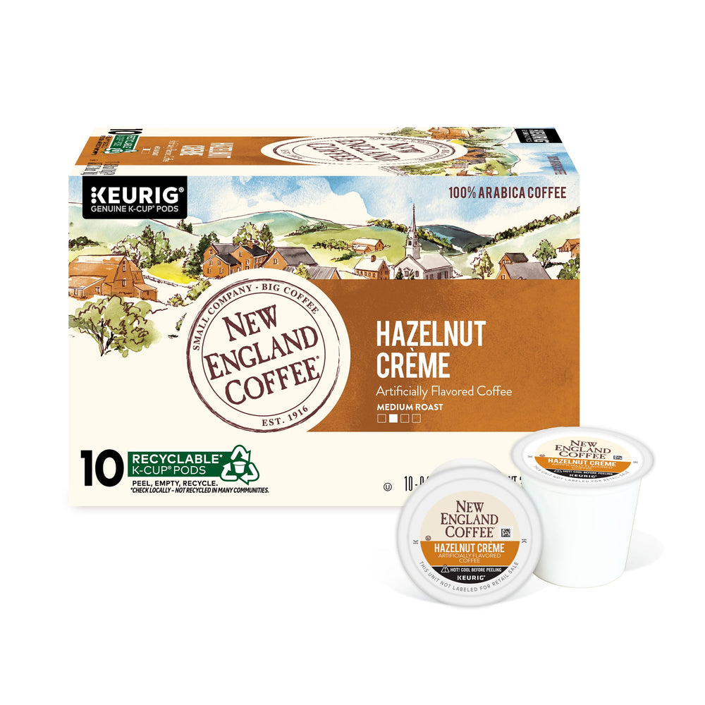 New England Coffee Hazelnut Crème pods with rich hazelnut aroma for a flavorful morning.