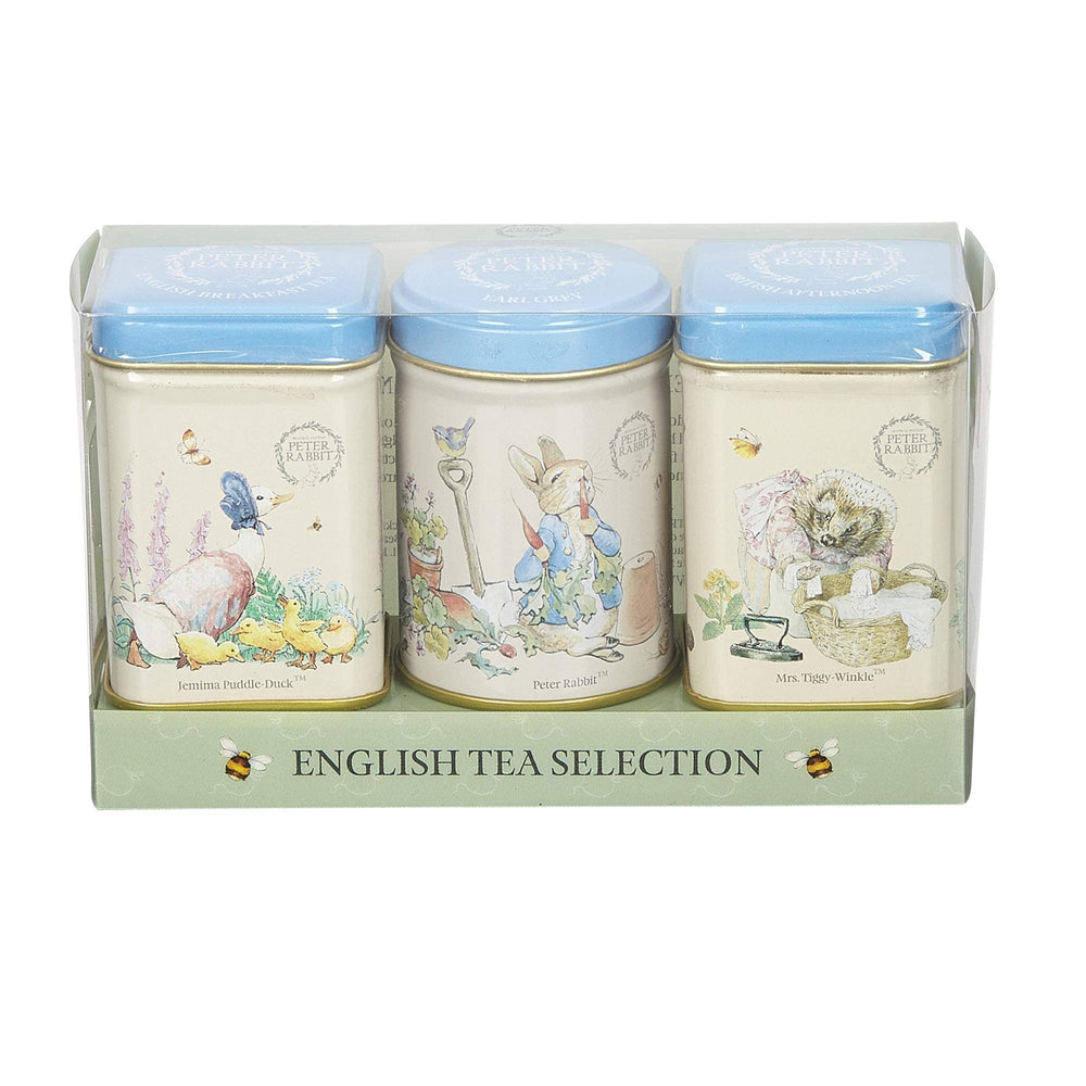 New English Teas Peter Rabbit mini tin set with Beatrix Potter illustration ideal for gifting.