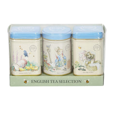 New English Teas Peter Rabbit mini tin set with Beatrix Potter illustration ideal for gifting.