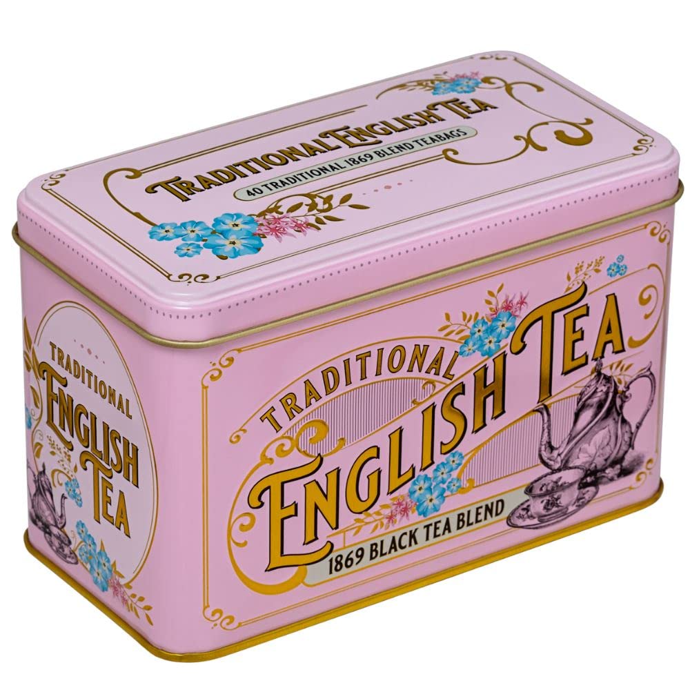 New English Teas Vintage Victorian Tea Tin with pink finish, ideal for tea lovers.