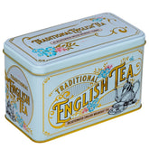 New English Teas vintage tin in powder-blue finish for decaf storage