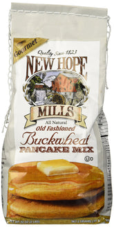 New Hope Mills Old Fashion Buckwheat Pancake Mix pour scene showing quick batter for easy mornings
