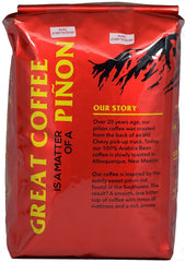 New Mexico Piñon Coffee roasted beans close-up highlighting nutty piñon flavor.