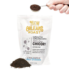 New Orleans Roast chicory ground bottle—rich, caffeine-free coffee alternative for home brewing.