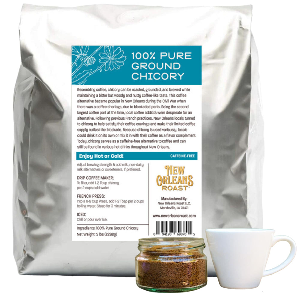 New Orleans Roast Pure Chicory bag showcasing rich, caffeine-free chicory for brewing.