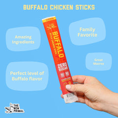 The New Primal buffalo chicken sticks ingredient list visible, clean natural ingredients.
