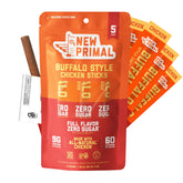 The New Primal buffalo chicken sticks pack, convenient protein snack for on-the-go fueling.
