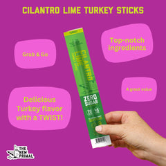 Nutrition facts label for New Primal cilantro lime turkey sticks on pack.