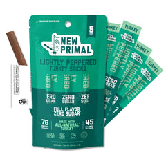 New Primal Lightly Peppered Turkey Sticks hero image highlights portable high-protein snack
