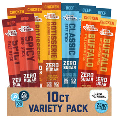 The New Primal meat sticks sampler box featuring rotisserie chicken sticks for convenient, protein-packed snacking.