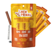 New Primal Rotisserie Chicken Sticks packaging shown, suitable for on-the-go snacking.