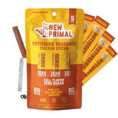 New Primal Rotisserie Chicken Sticks packaging shown, suitable for on-the-go snacking.
