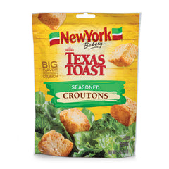 New York Bakery Texas Toast croutons in resealable bag preserve crunch.