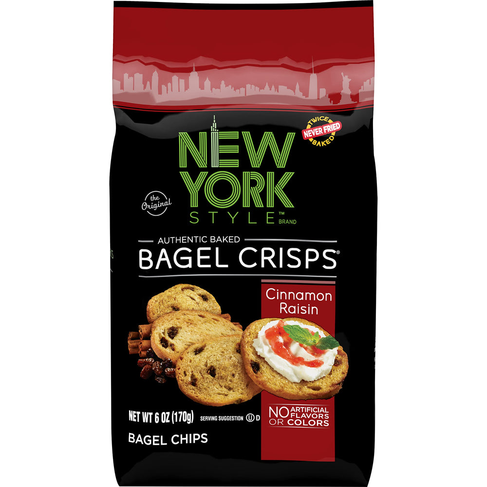 New York Style Bagel Crisps Cinnamon Raisin bag — crunchy, versatile snack for dips.