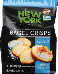 New York Style Bagel Crisps sprinkled with sea salt on a serving plate.