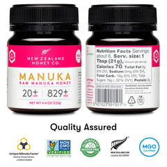 New Zealand Honey Co. Raw Manuka Honey UMF 20+ bottle pour highlights easy drizzle in tea and recipes.