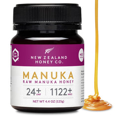 New Zealand Honey Co. Manuka honey UMF 24+ bottle pour for quick sweetness.